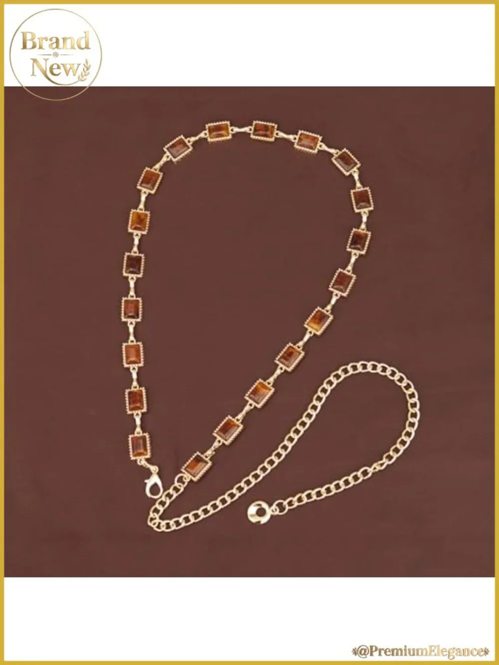 Western Concho Chain Belt Gold-Tone Alloy Amber Gemstone Inlay Adjustable
